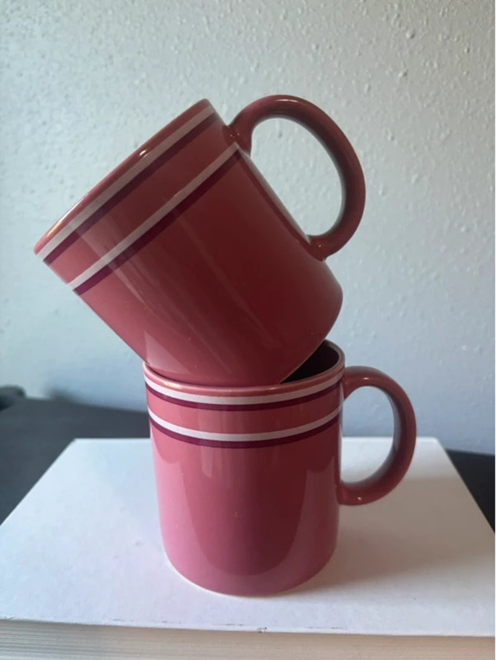Vintage JMP Chromatics rose pink stoneware coffee mugs from Japan
